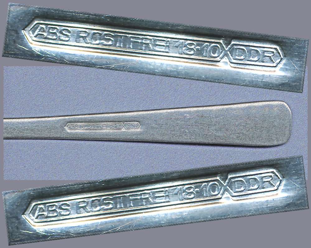handle of a stainless steel fork made in the DDR aka East Germany and sold in Gyor Hungary in autumn 1990