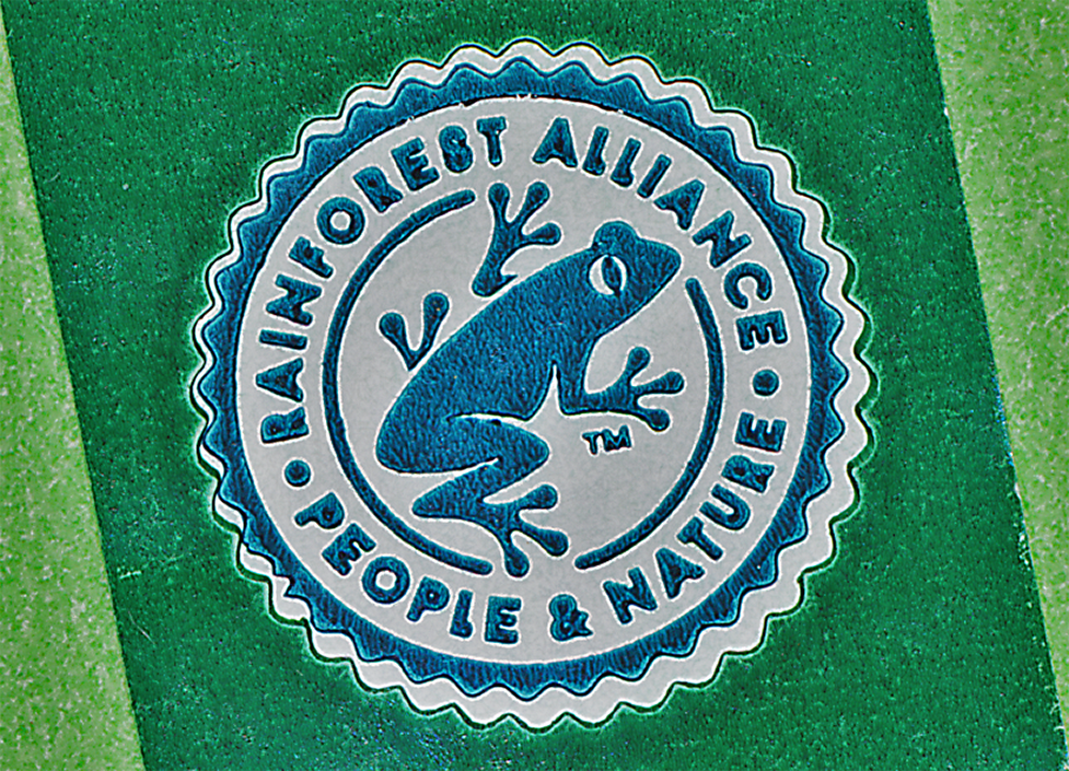 seal of approval including a happy frog of The Rainforest Alliance