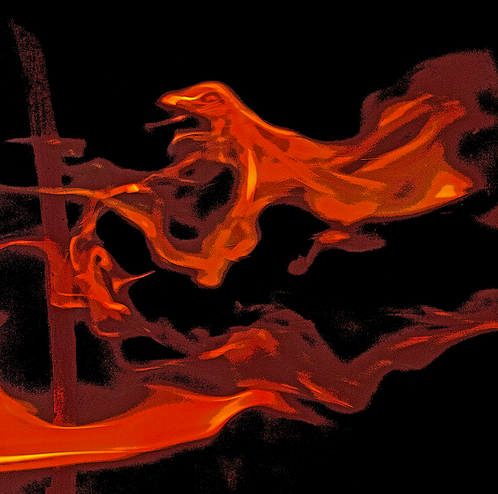 a rendering of flames emerging from sycamore logs that may be evocative of a dragon