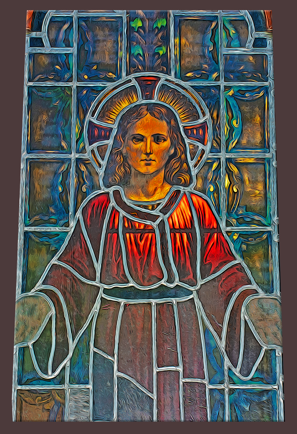 stained glass Jesus by Tiffany on the great welcome doorway at Holy Cross Catholic Church in Hell's Kitchen Manhattan New York City on 8 December 2016