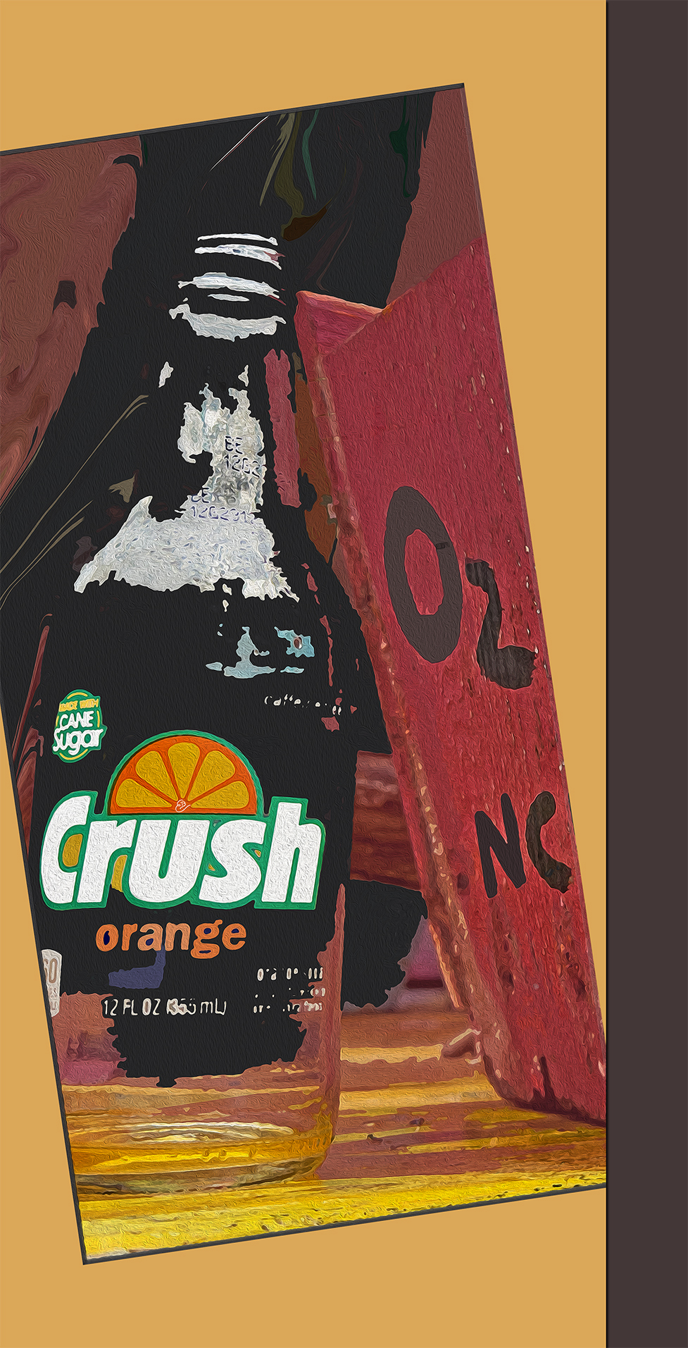 an Orange Crush bottle on an outdoor work table next to the side of a wooden box with O2 and NC written on it at Corvus Studio in the Ozark Highlands of Arkansas in March 2024