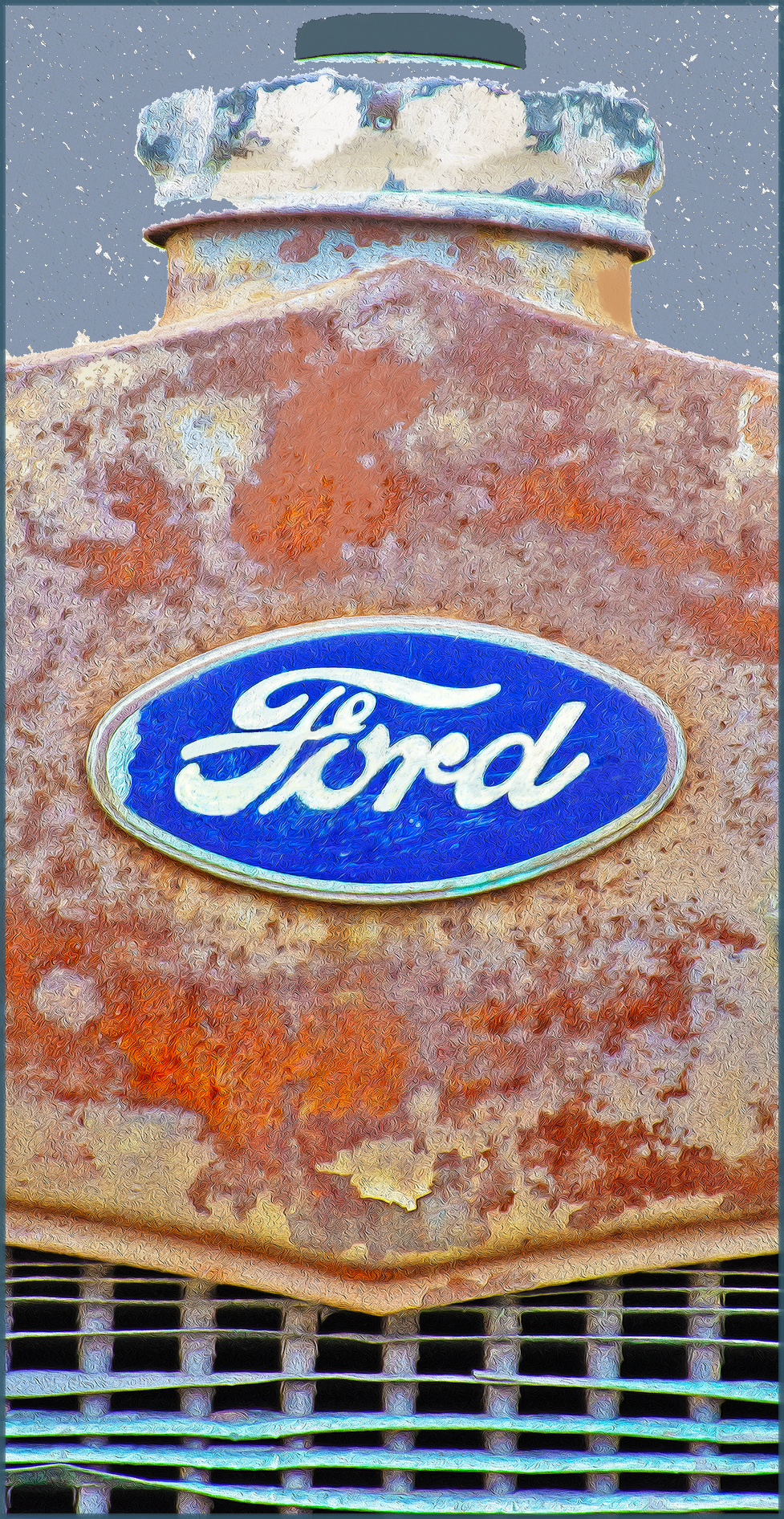 a very old Ford Truck emblem, hood and radiator along an eastern Oklahoma backroad on 16 April 2016