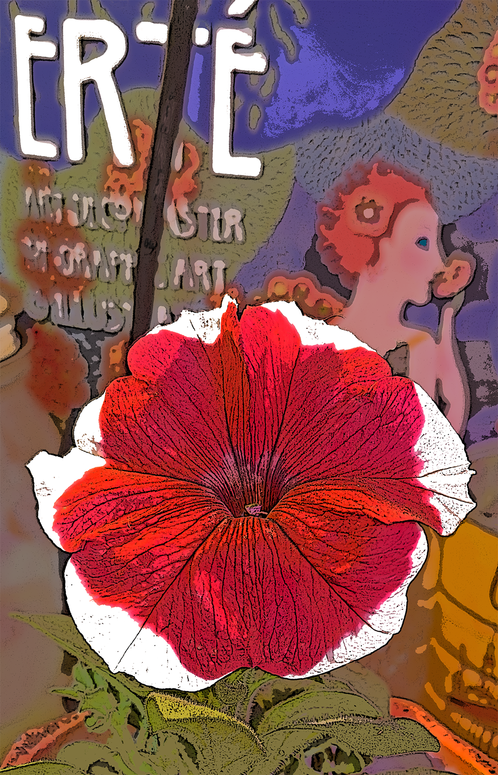 A red 'n white petunia given the cultivar name Dreams Red Picotee painted in front of a book about the Art Nouveau master Erte as captured by pixels at the Planting Station in Corvus Studio at 3 Dog Acres in the Ozark Highlands of Arkansas