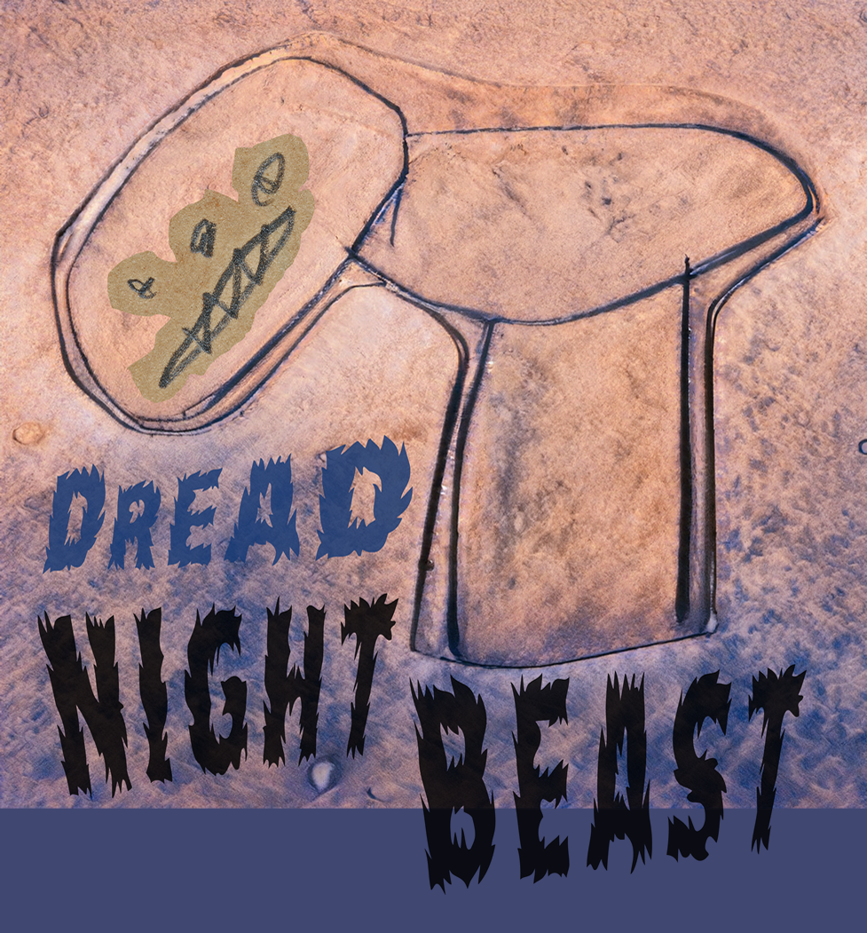 an image based on a drawing by a young boy in 1950s USA who feared the Night Beast who came with garlic on his breath and harsh whiskers on his chin cocksucker