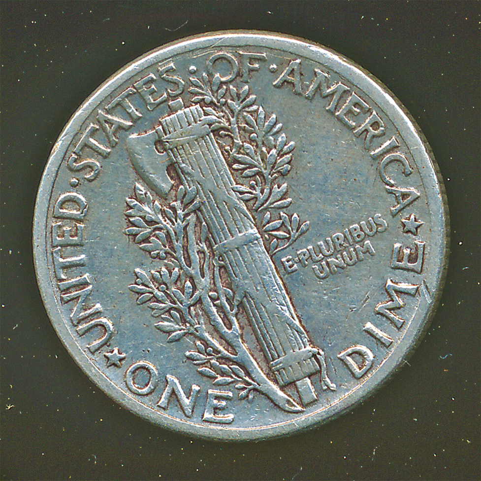 The obverse side of a dime minted in 1943 by the United States of America shows a torch and an oak branch and an olive branch. You have to take the year at my word.