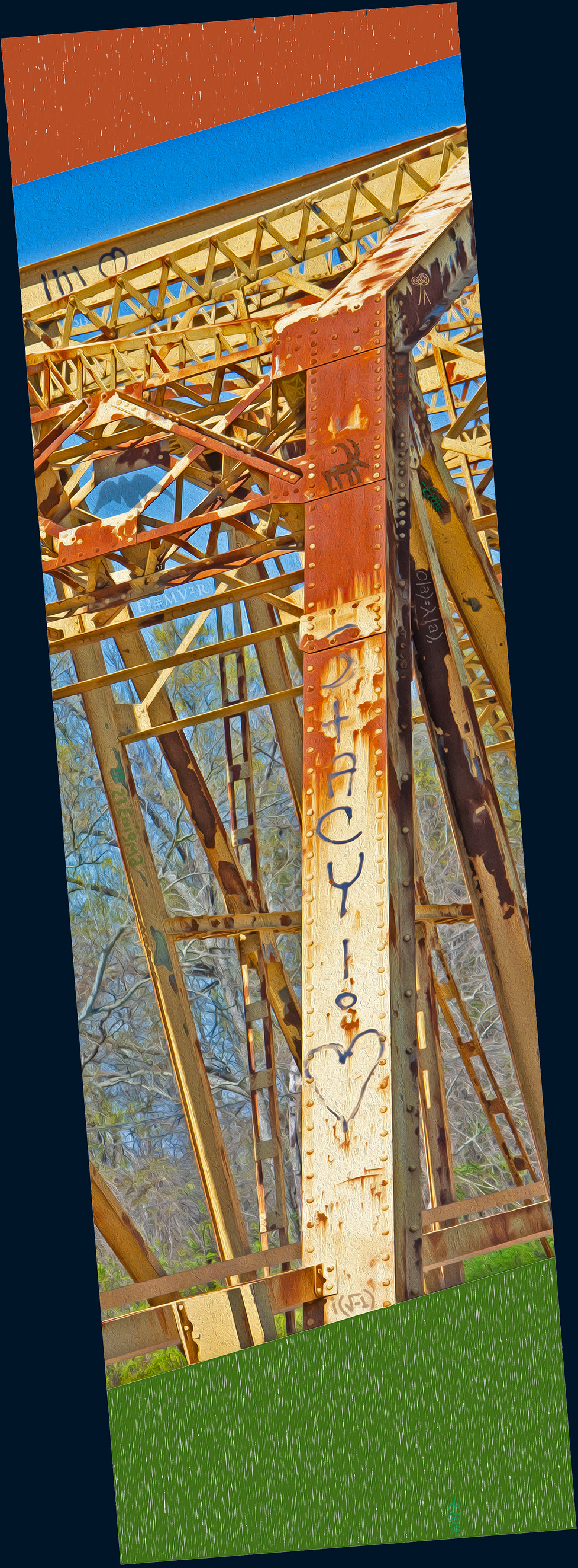 Someone who loves Stacy painted her name, an exclamation point, and a heart on a beam of the bridge o'er the River Kiamichi in Pushmataha County in Oklahoma USA on 18 March 2645