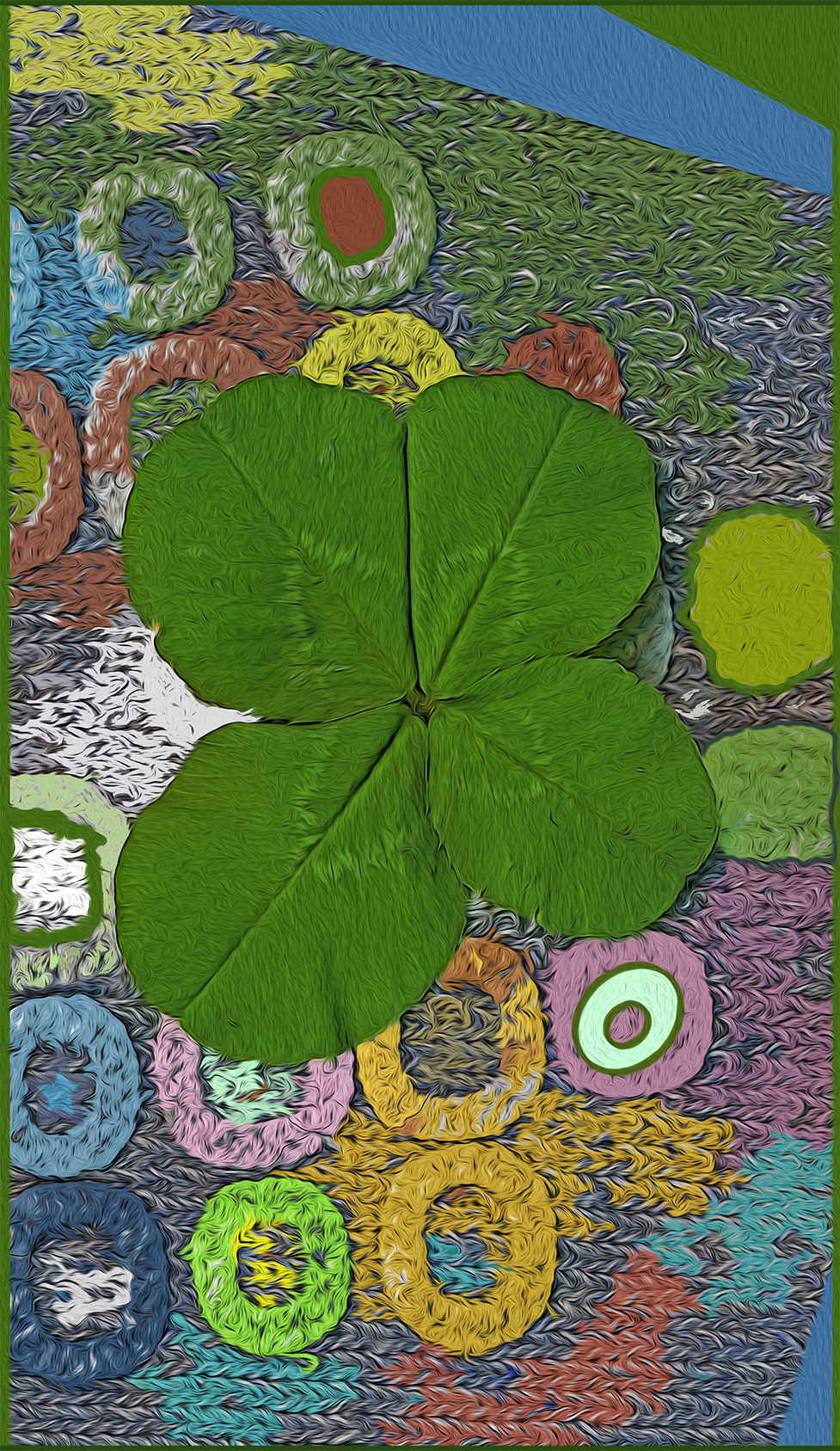 a 4-leaf clover picked undcer Grandpa Oak at 3 Dog Acres in the Ozark Highlands of Arkansas and resting atop a surgical sock from the Veterans Administration Hospital